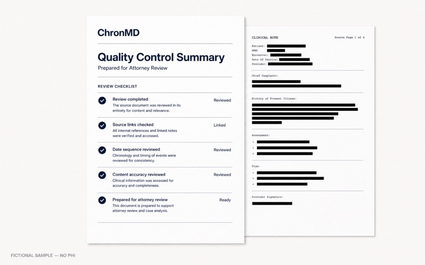 FICTIONAL SAMPLE — NO PHI: ChronMD quality-control summary beside a redacted linked source page